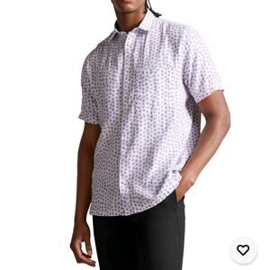 Ted Baker Mens LInen Short Sleeve Shirt L Button White Gray Polkadot Casual Prep